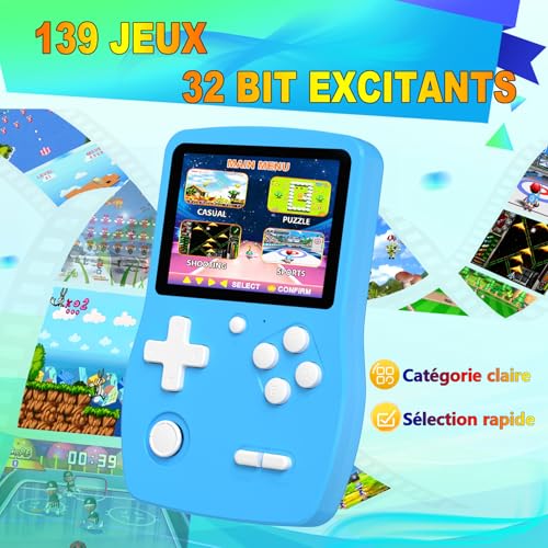 32 Bit Console de Jeux Portables pour Enfants avec 139 Jeux Vidéo, Lecteur de Jeu avec écran IPS de 3,0" Batterie Rechargeable, Jeu de Voyage Cadeaux Jouets pour Garçons Filles (Bleu) – Image 3