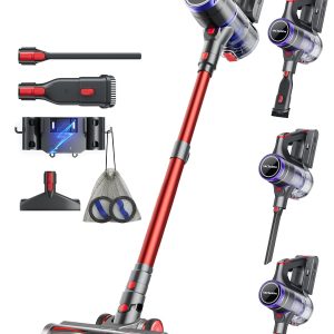48000Pa/550W/70Min Aspirateur Balai sans Fil, 1.6L Aspirateur sans Fil avec Filtration à 8 Couches, Très Silencieux Aspirateur avec Brosse à Sol Anti-Tangle, Aspirateur Balai, Rouge