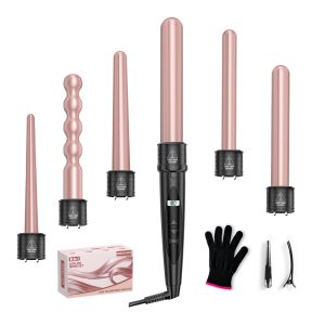 6 en 1 Fer à Boucler Cheveux en Céramique Chauffage Rapide Fer à Friser avec LCD Écran Température Réglable Ensemble de Grandes et Petites Boucles et Gant Anti-brûlure