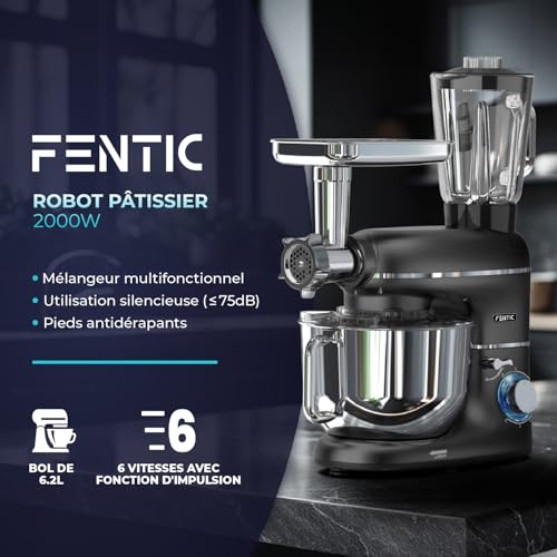 6 en 1 Robot Pâtissier – 2000W - Av. Hachoir à Viande, Mixeur 1,5L, Cutter, Accessoires – Robot Cuisine Multifonctions Av. 6,2L Bol Mélangeur, Fouet, Crochet Pétrisseur, Batteur (Noir) – Image 3