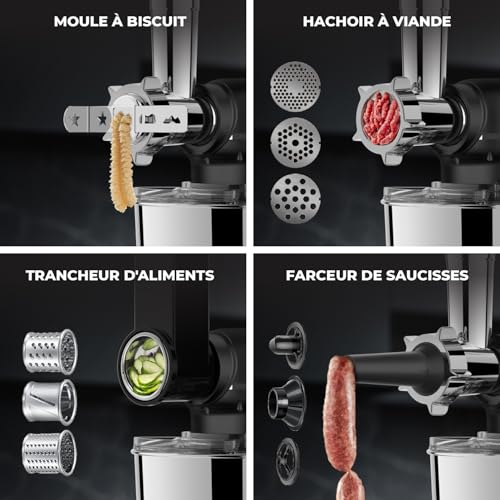 6 en 1 Robot Pâtissier – 2000W - Av. Hachoir à Viande, Mixeur 1,5L, Cutter, Accessoires – Robot Cuisine Multifonctions Av. 6,2L Bol Mélangeur, Fouet, Crochet Pétrisseur, Batteur (Noir) – Image 4