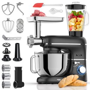 6 en 1 Robot Pâtissier – 2000W - Av. Hachoir à Viande, Mixeur 1,5L, Cutter, Accessoires – Robot Cuisine Multifonctions Av. 6,2L Bol Mélangeur, Fouet, Crochet Pétrisseur, Batteur (Noir)