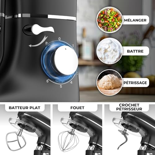 6 en 1 Robot Pâtissier – 2000W - Av. Hachoir à Viande, Mixeur 1,5L, Cutter, Accessoires – Robot Cuisine Multifonctions Av. 6,2L Bol Mélangeur, Fouet, Crochet Pétrisseur, Batteur (Noir) – Image 7