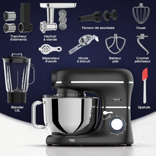 6 en 1 Robot Pâtissier – 2000W - Av. Hachoir à Viande, Mixeur 1,5L, Cutter, Accessoires – Robot Cuisine Multifonctions Av. 6,2L Bol Mélangeur, Fouet, Crochet Pétrisseur, Batteur (Noir) – Image 8