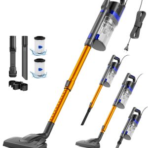 60KPa/600W/7M Aspirateur, Aspirateur Balai avec Dépoussiéreur 800ML, Aspirateur Balai avec Fil avec Design à Double Poignée, Aspirateurs Balais et Balais Électriques pour Sols Durs, Orange