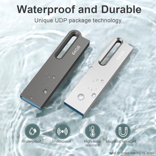 64Go Clé USB 3.0 Lot de 2 Clef USB Métal Imperméable Flash Drive Clés USB 64 Go pour PC, Ordinateur Portable, Stockage de Données,(2X64Go Argenté Noir) – Image 6