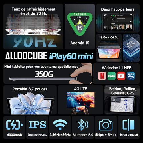 ALLDOCUBE iPlay 60 Mini - Tablette 8,7 Pouces - Android 15, Allwinner Octa-Core, 12Go+ 64Go, Écran 90Hz IPS 400 Nits, Widevine L1 Netflix, WiFi/4G LTE/GPS – Image 4
