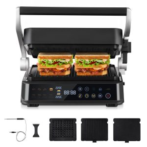 AMZCHEF XL Grill de Contact 6-en-1 avec Capteur de Température & GrillBoost 280 °C – Grill électrique 2000 W avec 6 programmes, 2 zones, 4 plaques amovibles – Steak, Gaufre, Panini, Sandwich