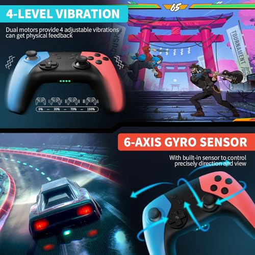 AceGamer Manette sans Fil pour Switch/Switch 2/Lite/OLED, Manette pour Switch Pro avec Fonction One Key Wake Up/Double Vibration/Gyroscope 6 Axes/Bouton Programmable/Joystick de Hall (Bleu et rouge) – Image 5