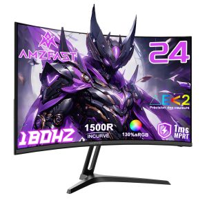 Amzfast Écran PC Gamer Incurvé 24 Pouces - 180Hz, FHD 1920x1080, sRGB 130% / DCI-P3 97%, 1 ms MPRT, Anti-Lumière Bleue, Adaptive Sync, HDMI 1.4 + DP 1.2, VESA 75x75, AMZG24C1