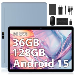 Android 15 Tablette 10 Pouces tablettes tactiles 5G WiFi,36Go RAM +128 Go ROM,8000 mAh,Smart IPS,Bluetooth5.0,Tablette avec Clavier avec/Souris/Stylo,Bleu