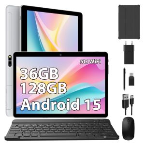 Android 15 Tablette 10 Pouces tablettes tactiles 5G WiFi,36Go RAM +128 Go ROM,8000 mAh,Smart IPS,Bluetooth5.0,Tablette avec Clavier avec/Souris/Stylo,Gris