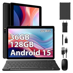 Android 15 Tablette 10 Pouces tablettes tactiles 5G WiFi,36Go RAM +128 Go ROM,8000 mAh,Smart IPS,Bluetooth5.0,Tablette avec Clavier avec/Souris/Stylo,Nero