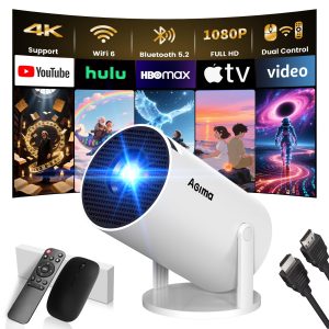 [App Intégrée] Mini Vidéoprojecteur 1080P 4K Supporte Mini Projecteur Portable,Dual Contrôle avec Souris Android TV WiFi 6 BT5.2 180° Rotation Compatible Con HDMI/TV Stick/USB/Laptop, Blanc