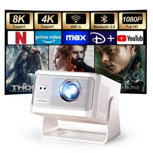 [App intégrée] Mini Vidéoprojecteur 4K & 8K Supporte, 1080P Projecteur Video avec Android 14, Portable Projecteur WiFi 6, BT 5.4, 600ANSI, Mise au Point Correction Trapézoïdale Automatique HY350MAX