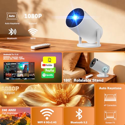 App intégrée - Vidéoprojecteur 4K 1080P, Mini Projecteur Portable 5G WiFi 6 BT 5.4, Projecteur Full HD 1080P Auto Correction Trapézoïdale Horizontale - Blanc – Image 3