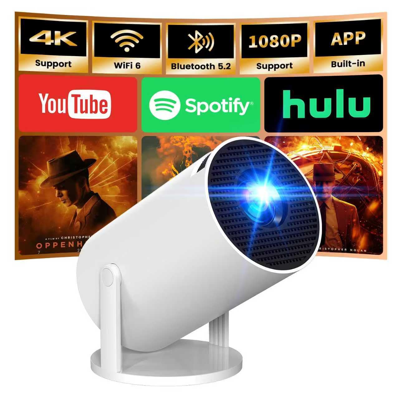 App intégrée - Vidéoprojecteur 4K 1080P, Mini Projecteur Portable 5G WiFi 6 BT 5.4, Projecteur Full HD 1080P Auto Correction Trapézoïdale Horizontale - Blanc