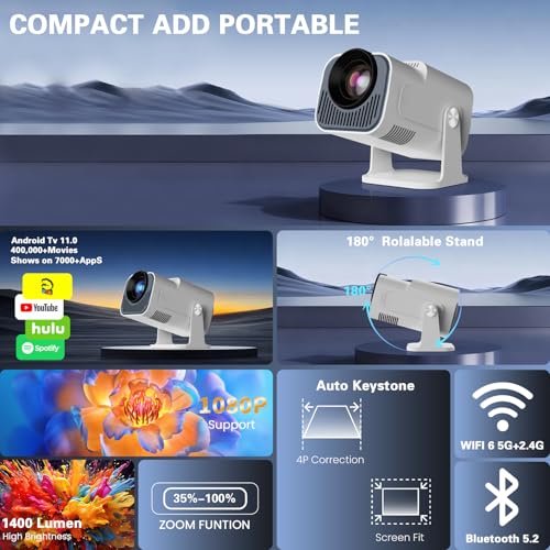 App intégrée - Vidéoprojecteur 4K 1080P, Mini Projecteur Portable 5G WiFi 6 BT 5.4, Projecteur Full HD 1080P Compatible Con HDMI/TV Stick/Ordinateur Portable - Blanc – Image 3
