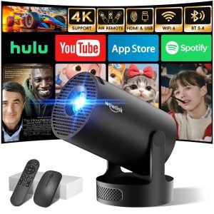 [Apps intégrées & 2025 Upgraded] Vidéoprojecteur avec WiFi 6 et Bluetooth 5.4 Mini Projecteur Supporte 4K 1080P Auto Keystone Rotation 180° Compatibile avec HDMI/TV Stick/Memory Stick/Laptop, Noir