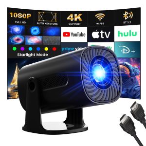 [Apps intégrées & Modes Étoiles] Vidéoprojecteur Supporte 4K 1080P avec Modes Étoiles Mini Projecteur avec Android TV OS WiFi6 y BT5.2 Auto Keystone, Compatible Con HDMI/TV Stick/USB, Noir