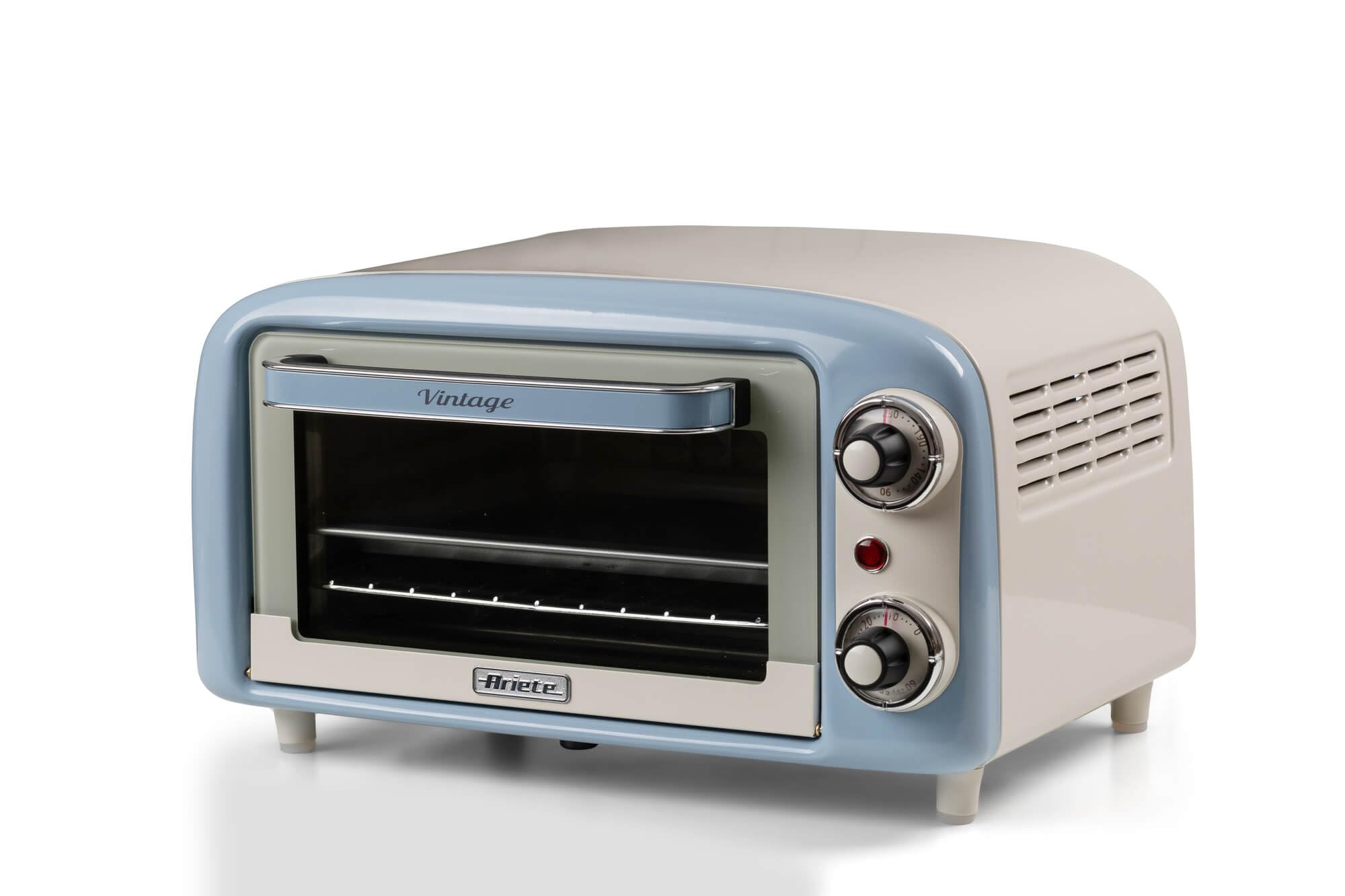 Ariete 3919 Four Électrique Vintage, capacité 10L, pour Cuire ou Réchauffer les aliments, température jusqu'à 230°, minuterie 60 minutes, grille en acier inoxydable, 800W, Double Verre, Bleu Clair