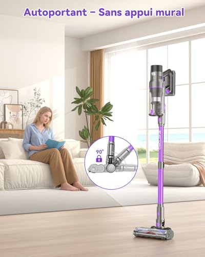 Aspirateur Balai sans Fil 580W/55KPa, Autonomie 75Min, Écran LED, Brosse Anti-Enchevêtrement, Support Murale, pour Poils d'animaux/Tapis/Sols Durs – Image 6