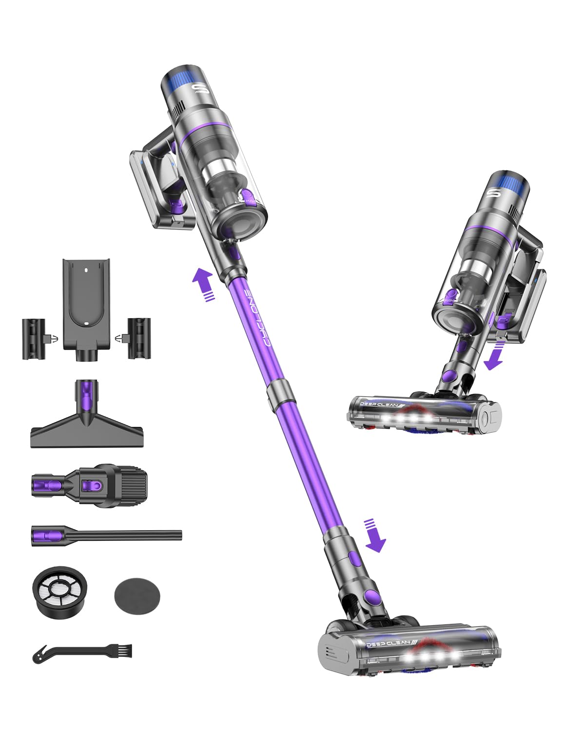 Aspirateur Balai sans Fil 580W/55KPa, Autonomie 75Min, Écran LED, Brosse Anti-Enchevêtrement, Support Murale, pour Poils d'animaux/Tapis/Sols Durs