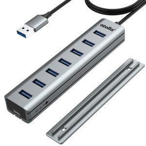 Atolla 7 Port Hub USB 3.0 vec Design Montable sur Bureau en Aluminium-Multiprise USB 3.0 5Gbps avec 100cm Câble, 5V/3A Type-C pour PC, Ordinateur Portable, MacBook, Souris, Clavier, Disque Dur, etc.
