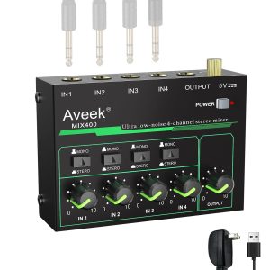 Aveek Mini Line Mélangeur audio 4 canaux avec commutation stéréo/mono et fonctionnement à faible bruit pour un sous-mixage de précision, entrée/sortie TRS 6,35 mm, idéal pour
