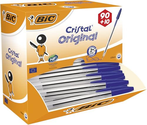 BIC Cristal Original Stylos-Bille Pointe Moyenne (1,0 mm) - Parfait pour l'Ecole et au Bureau - Bleu, Boîte de 100 – Image 2