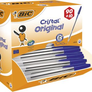BIC Cristal Original Stylos-Bille Pointe Moyenne (1,0 mm) - Parfait pour l'Ecole et au Bureau - Bleu, Boîte de 100