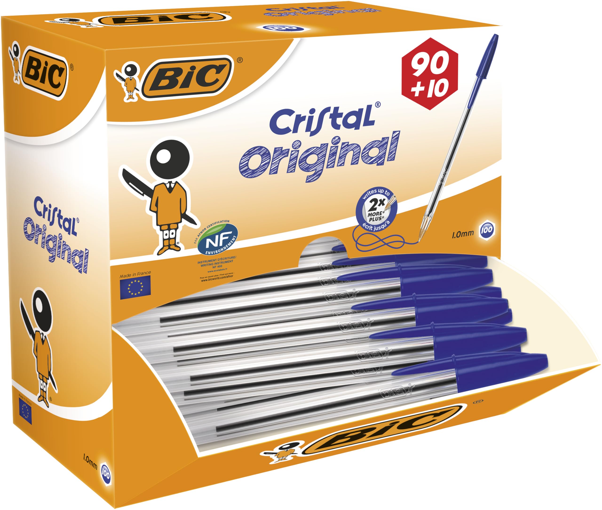 BIC Cristal Original Stylos-Bille Pointe Moyenne (1,0 mm) - Parfait pour l'Ecole et au Bureau - Bleu, Boîte de 100