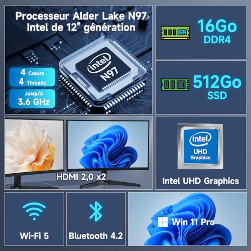 BMAX Mini PC Intel N97 (Jusqu'à 3.6Ghz) 16Go DDR4 RAM 512Go M.2 SSD Win 11 Pro Mini Ordinateur de Bureau B4Pro Mini PC Sobremesa HDMI/WiFi 5/BT4.2/USB3.2 Dual écran PC avec VESA pour École/Bureau. – Image 3