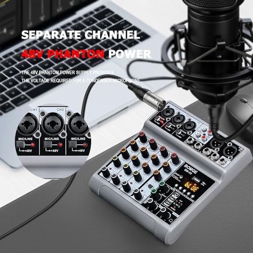 BOMGE Table de mixage audio, console de mixage avec 5 canaux numériques USB Bluetooth, effet retard d'écho, alimentation fantôme 48 V, mixeurs DJ stéréo pour enregistrement, diffusion en direct, – Image 3
