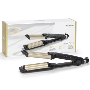 BaByliss Easy Waves - Effet wavy, Revêtement Titane-céramique, 3 réglages de température, Embouts thermorésistants, Doré & Noir, C260E