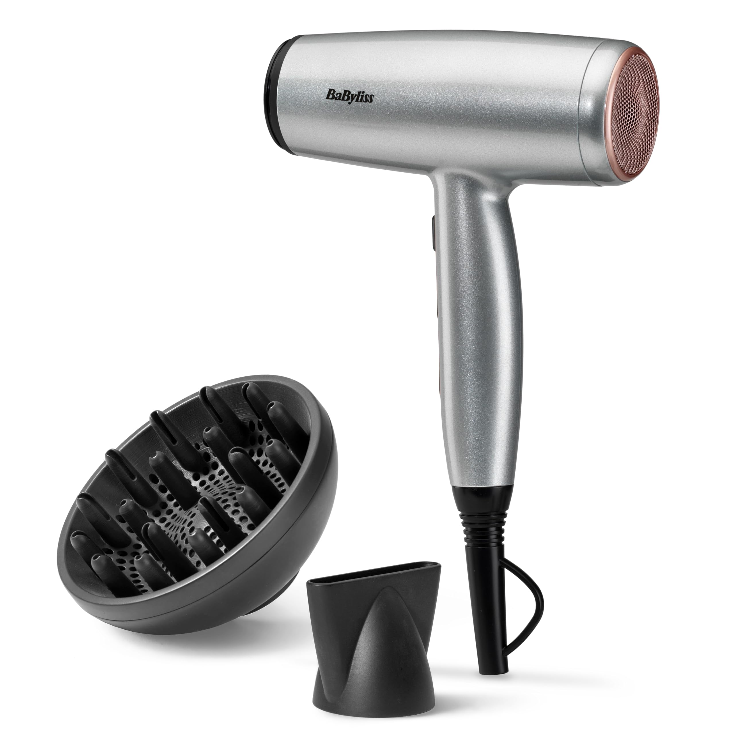 BaByliss Sèche-Cheveux Cosmos avec Diffuseur, Léger – NOUVEAUTÉ 2025, Sèche-cheveux puissant et élégant de 2100W, Technologie ionique anti-frisottis, 3 températures & 2 vitesses, Argenté, D580DE