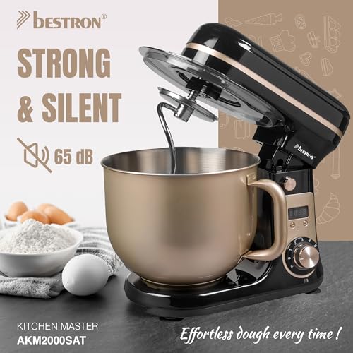 Bestron Robot Patissier, Robot pâtissier super silencieux (65 dB), Robot de cuisine 4-en-1, bol de 6 litres, inclus crochet pétrisseur, fouet et batteur plat, 6 vitesses + fonction Pulse, Beige – Image 3