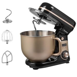 Bestron Robot Patissier, Robot pâtissier super silencieux (65 dB), Robot de cuisine 4-en-1, bol de 6 litres, inclus crochet pétrisseur, fouet et batteur plat, 6 vitesses + fonction Pulse, Beige