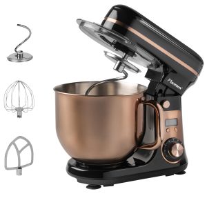 Bestron Robot Patissier, Robot pâtissier super silencieux (65 dB), Robot de cuisine 4-en-1, bol de 6 litres, inclus crochet pétrisseur, fouet et batteur plat, 6 vitesses + fonction Pulse, Cuivre