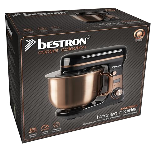 Bestron Robot Patissier, Robot pâtissier super silencieux (65 dB), Robot de cuisine 4-en-1, bol de 6 litres, inclus crochet pétrisseur, fouet et batteur plat, 6 vitesses + fonction Pulse, Cuivre – Image 7