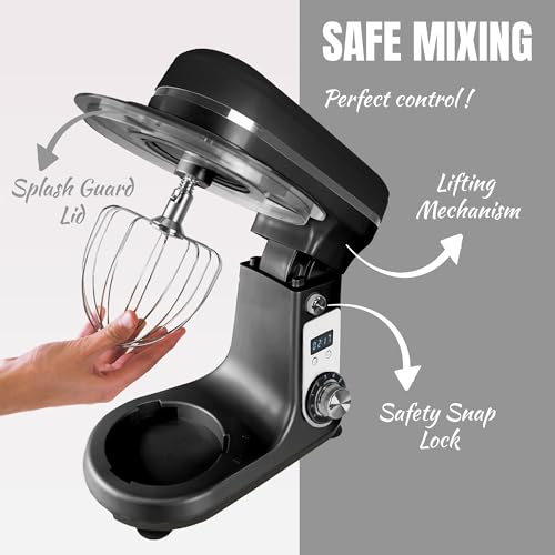 Bestron Robot Patissier, Robot pâtissier super silencieux (65 dB), Robot de cuisine 4-en-1, bol de 6 litres, inclus crochet pétrisseur, fouet et batteur plat, 6 vitesses + fonction Pulse, Noir Mat – Image 4