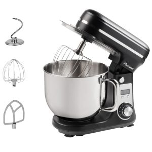 Bestron Robot Patissier, Robot pâtissier super silencieux (65 dB), Robot de cuisine 4-en-1, bol de 6 litres, inclus crochet pétrisseur, fouet et batteur plat, 6 vitesses + fonction Pulse, Noir Mat