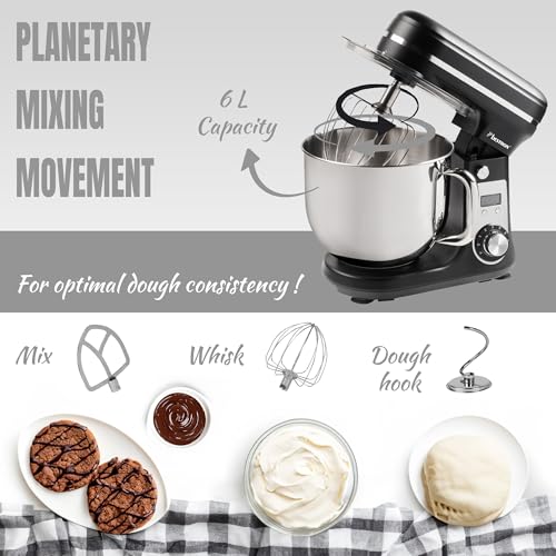 Bestron Robot Patissier, Robot pâtissier super silencieux (65 dB), Robot de cuisine 4-en-1, bol de 6 litres, inclus crochet pétrisseur, fouet et batteur plat, 6 vitesses + fonction Pulse, Noir Mat – Image 5
