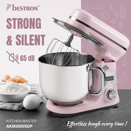 Bestron Robot Patissier, Robot pâtissier super silencieux (65 dB), Robot de cuisine 4-en-1, bol de 6 litres, inclus crochet pétrisseur, fouet et batteur plat, 6 vitesses + fonction Pulse, Rose – Image 3