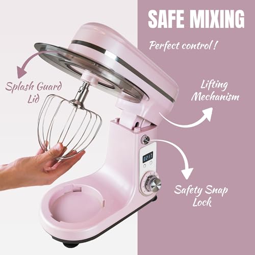 Bestron Robot Patissier, Robot pâtissier super silencieux (65 dB), Robot de cuisine 4-en-1, bol de 6 litres, inclus crochet pétrisseur, fouet et batteur plat, 6 vitesses + fonction Pulse, Rose – Image 4