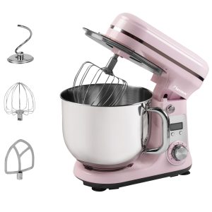 Bestron Robot Patissier, Robot pâtissier super silencieux (65 dB), Robot de cuisine 4-en-1, bol de 6 litres, inclus crochet pétrisseur, fouet et batteur plat, 6 vitesses + fonction Pulse, Rose