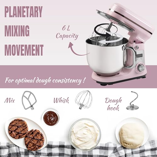Bestron Robot Patissier, Robot pâtissier super silencieux (65 dB), Robot de cuisine 4-en-1, bol de 6 litres, inclus crochet pétrisseur, fouet et batteur plat, 6 vitesses + fonction Pulse, Rose – Image 5