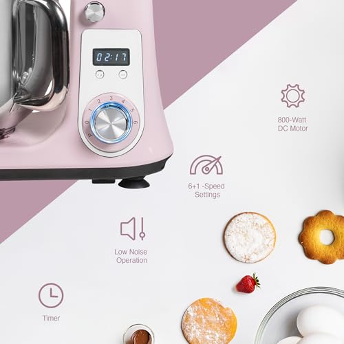 Bestron Robot Patissier, Robot pâtissier super silencieux (65 dB), Robot de cuisine 4-en-1, bol de 6 litres, inclus crochet pétrisseur, fouet et batteur plat, 6 vitesses + fonction Pulse, Rose – Image 6