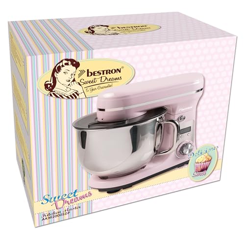 Bestron Robot Patissier, Robot pâtissier super silencieux (65 dB), Robot de cuisine 4-en-1, bol de 6 litres, inclus crochet pétrisseur, fouet et batteur plat, 6 vitesses + fonction Pulse, Rose – Image 8