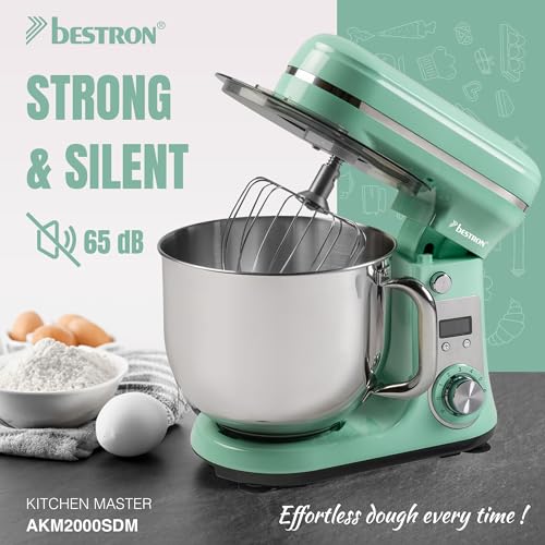 Bestron Robot Patissier, Robot pâtissier super silencieux (65 dB), Robot de cuisine 4-en-1, bol de 6 litres, inclus crochet pétrisseur, fouet et batteur plat, 6 vitesses + fonction Pulse, Vert – Image 3